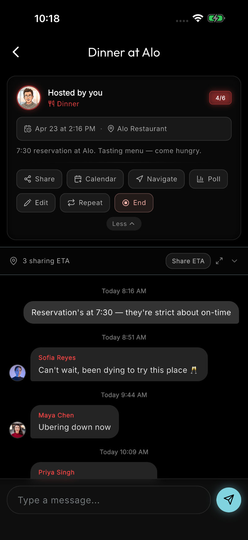 Dinner at Alo event card with share, calendar, navigate, and poll actions
