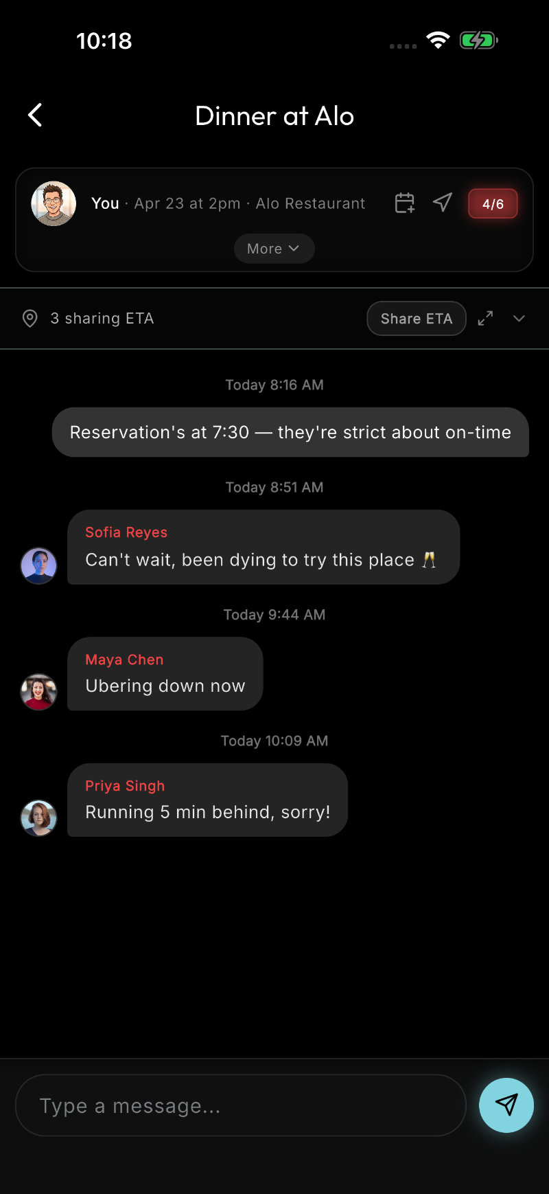 Dinner at Alo event chat — friends confirming reservation time and travel