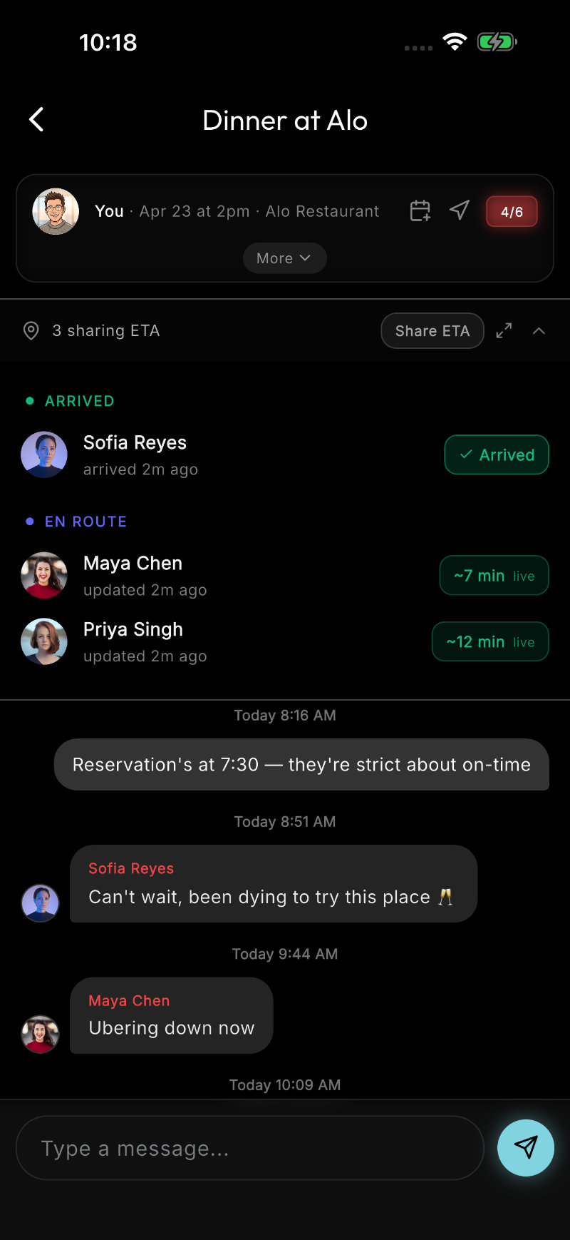 Dinner at Alo live ETAs — one guest arrived, two en route with minute counts