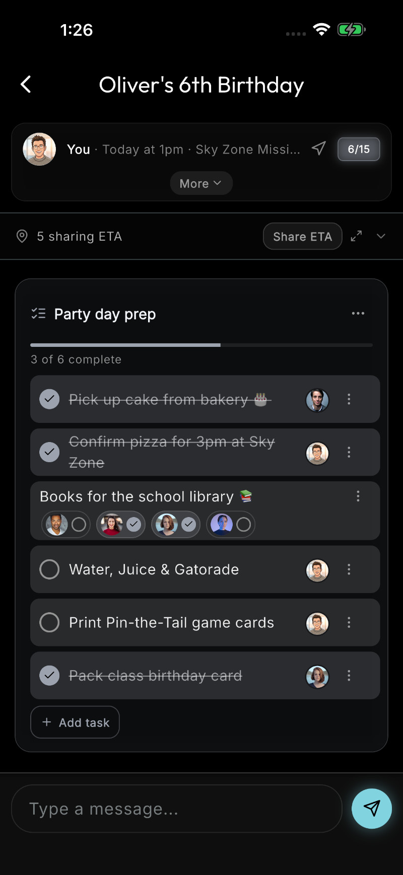 Tasks checklist for Oliver's 6th Birthday — cake, goodie bags, candles, decorations assigned to specific parents with per-person checkboxes