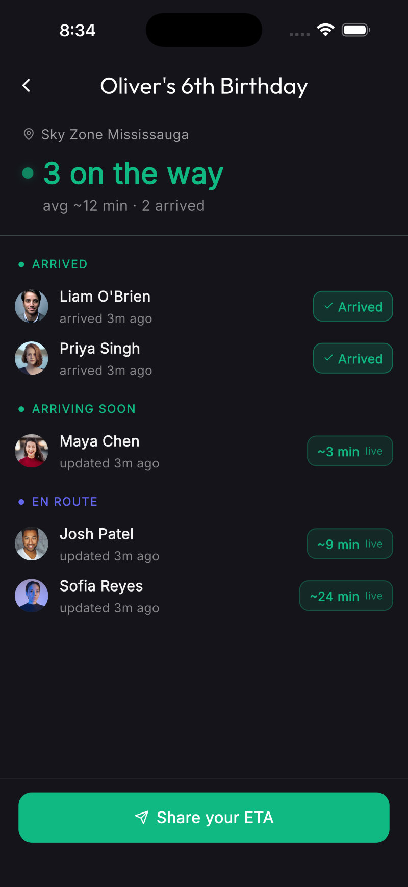Live arrival ETAs for event attendees — minute counts, no map or location