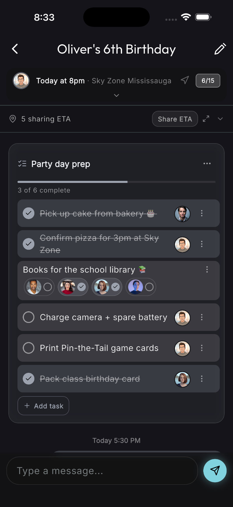 Tasks checklist for a kids birthday — cake, goodie bags, decorations assigned to different parents with per-person checkboxes