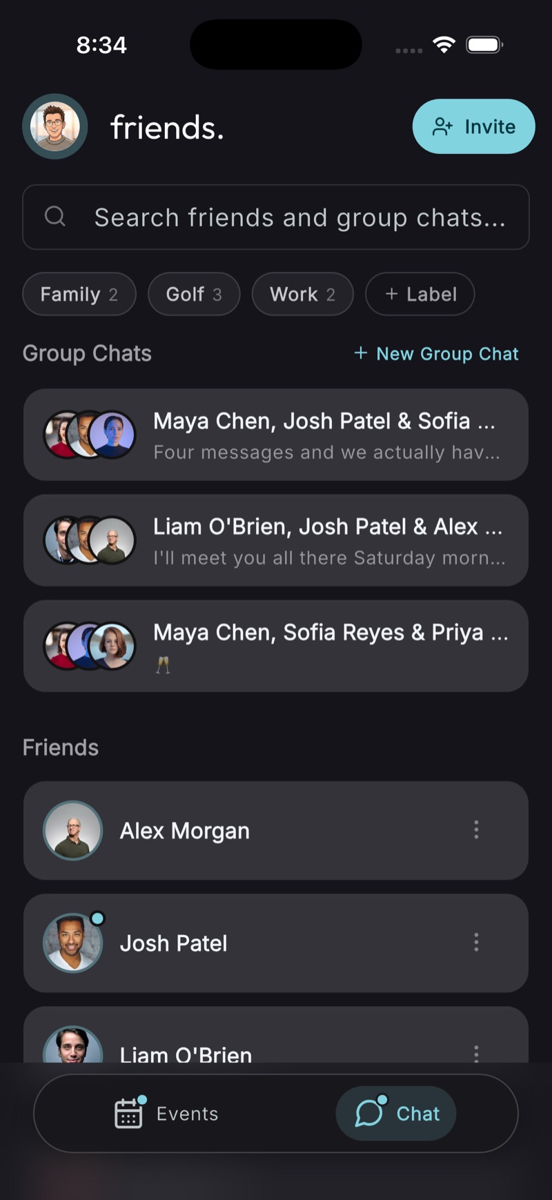 The BoredApp friends screen showing private labels for Family, Golf and Work above a list of group chats and friends