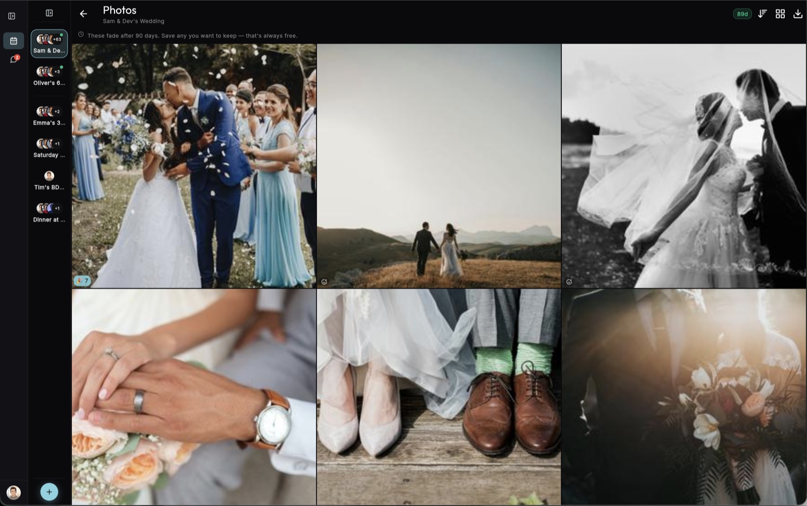 BoredApp open in a desktop browser — a wedding photo album filling the screen as a large grid, with the event list collapsed to a narrow rail