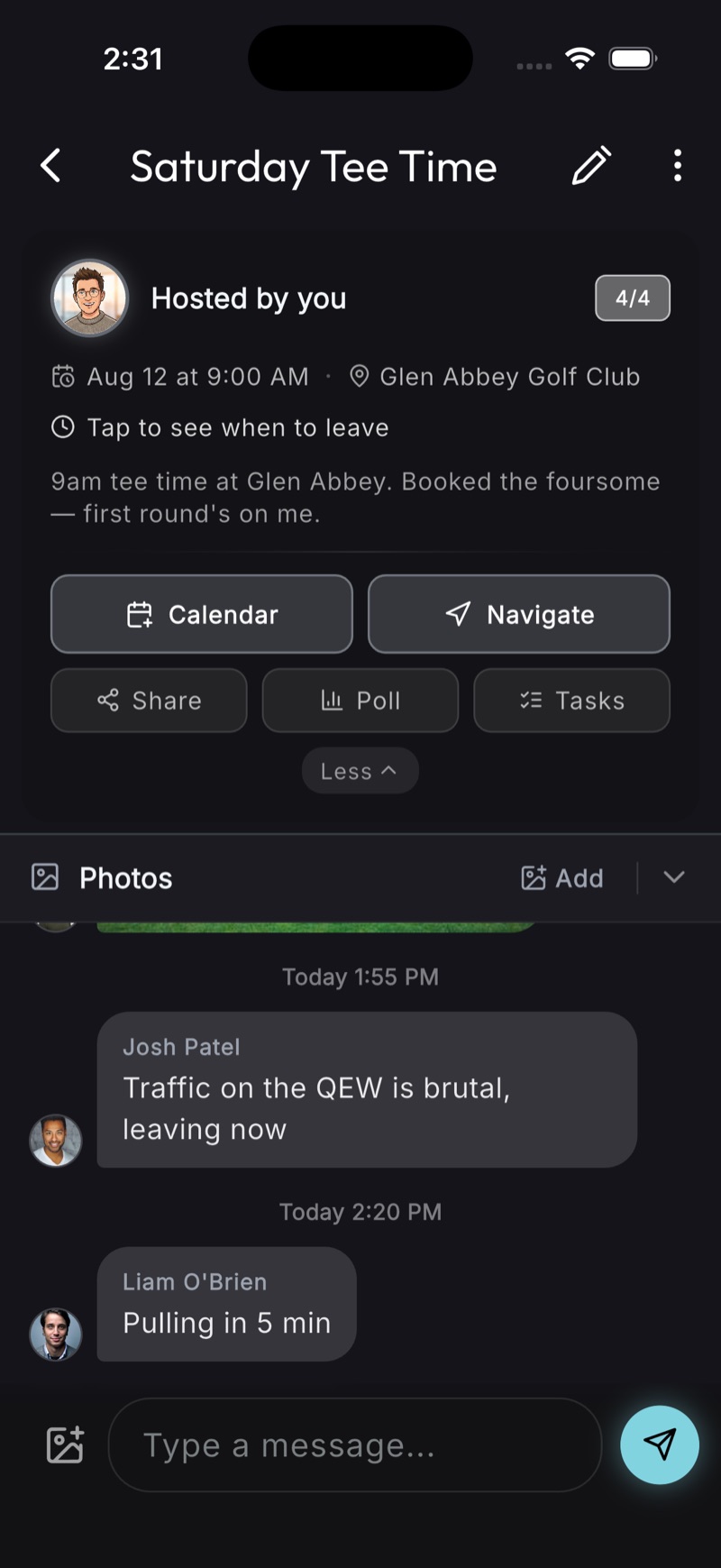 A Saturday Tee Time event at Glen Abbey Golf Club showing a 9am tee time, a full foursome badge, a note that the first round is on the host, and Calendar, Navigate, Share, Poll and Tasks actions