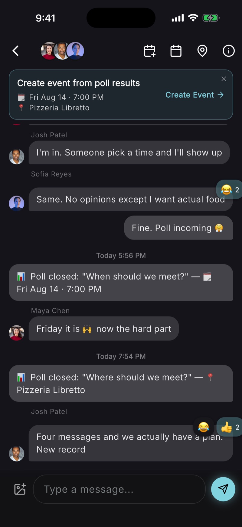A group chat where two polls have closed on a date and a restaurant, with a banner above the thread offering to create an event from the poll results