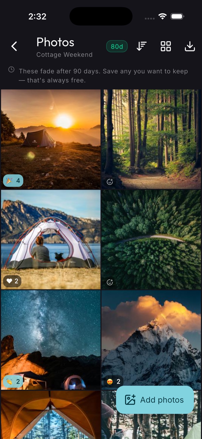 A shared photo album for a cottage weekend — a grid of camping, forest and lake photos from different people, several carrying reaction counts