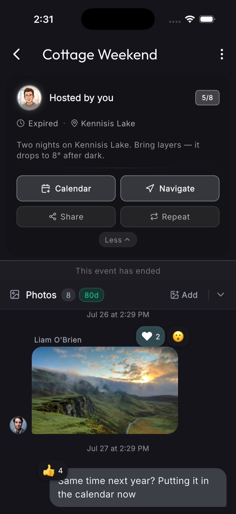 A finished Cottage Weekend event marked Expired with a note that the event has ended, showing Calendar, Navigate, Share and Repeat actions above the weekend's chat