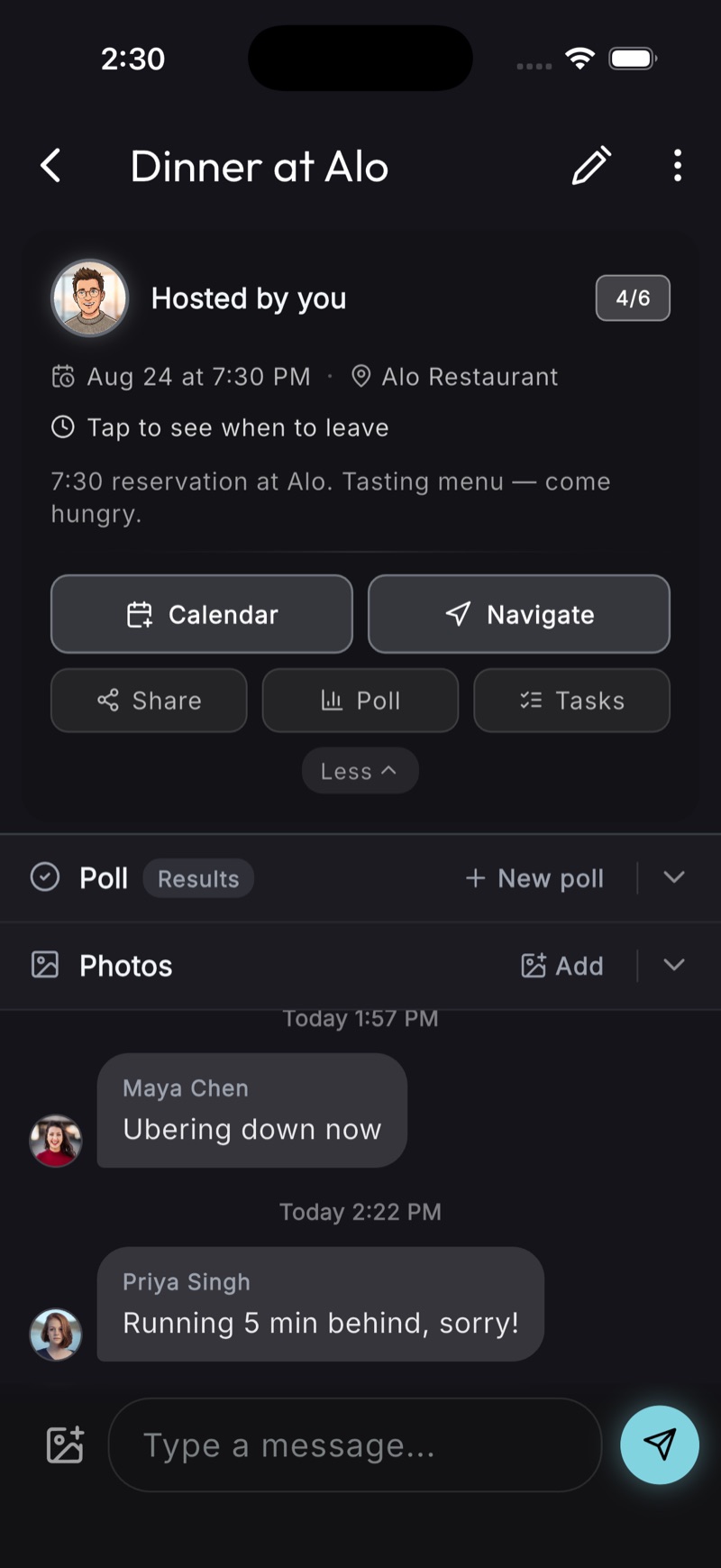 A Dinner at Alo event showing the time, restaurant, a note about the tasting menu, a 4 of 6 attending badge, and Calendar, Navigate, Share, Poll and Tasks actions