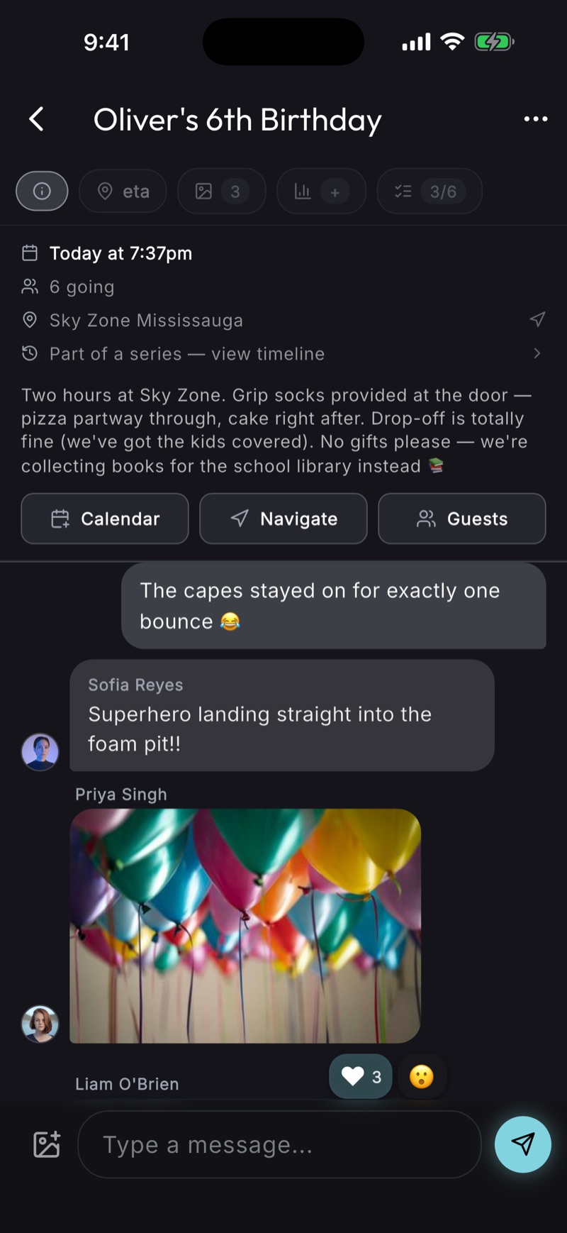 Oliver's 6th Birthday event — date, going count and venue, chips for eta, photos, polls and tasks along the top, Calendar, Navigate and Guests buttons, and the event chat below