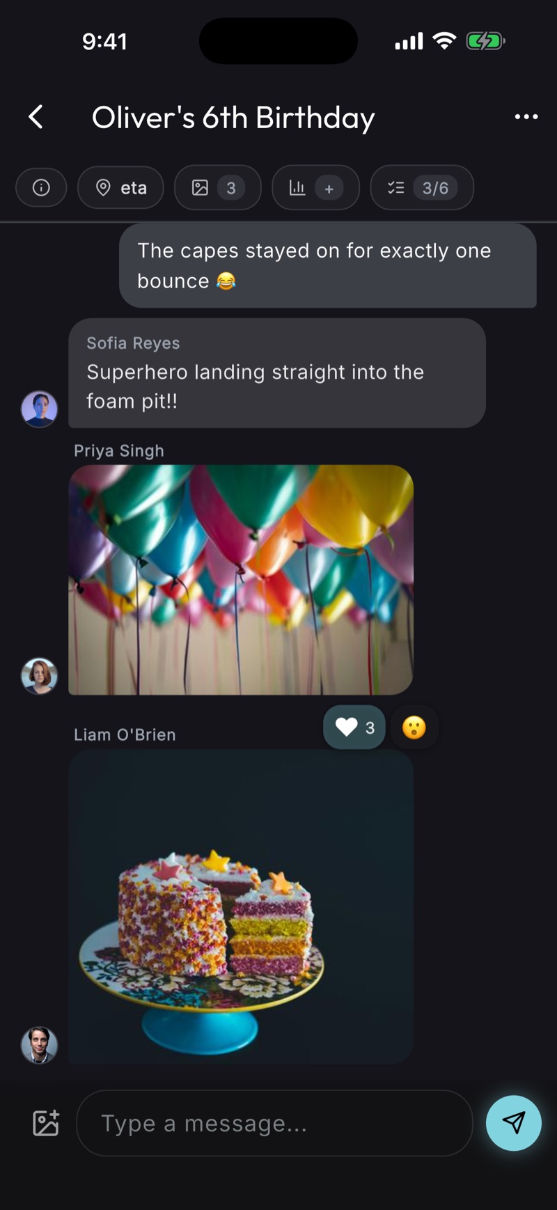 Oliver's 6th Birthday event showing collapsed Tasks and Photos sections above a chat where parents have posted balloon and cake photos with reactions
