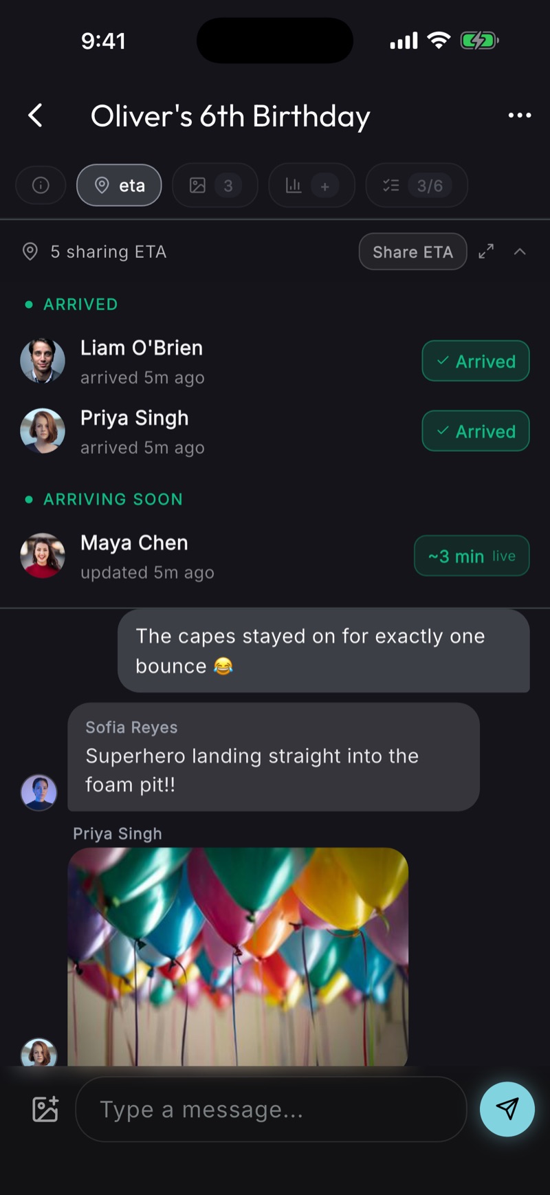 Live arrivals for Oliver's 6th Birthday — 3 on the way with an average of about 12 minutes, 2 already arrived, and per-guest minute counts
