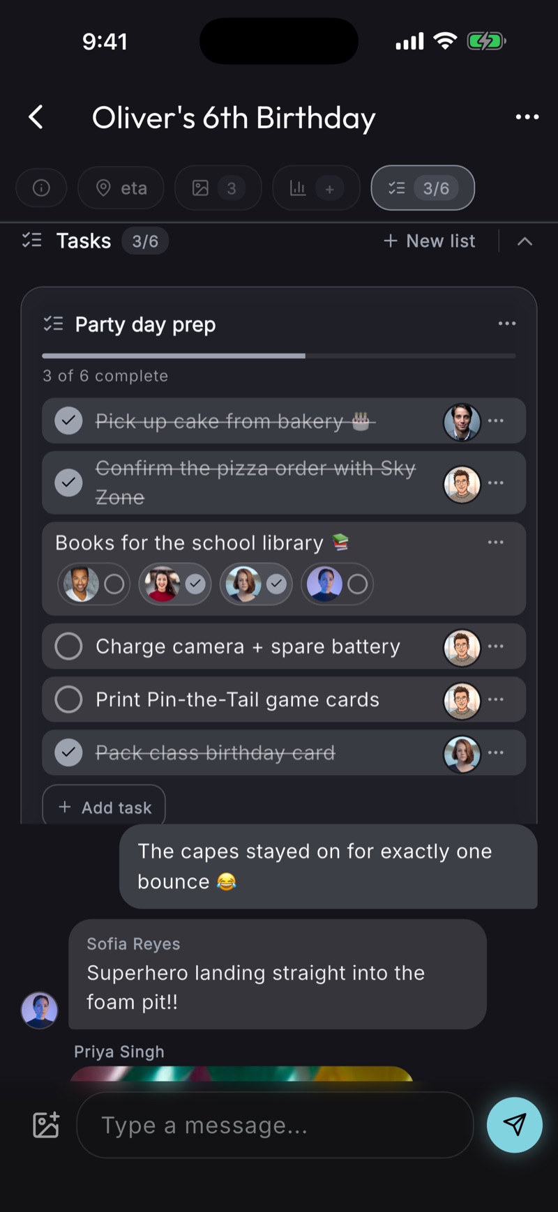A Party day prep tasks list showing 3 of 6 complete, with cake and pizza ticked off and a shared task split across four parents with individual checkboxes