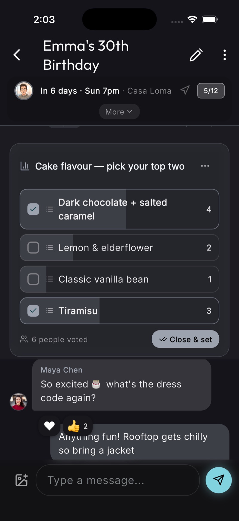 An open poll on an event reading Cake flavour, pick your top two, with four options, vote bars, per-option counts and a Close and set button