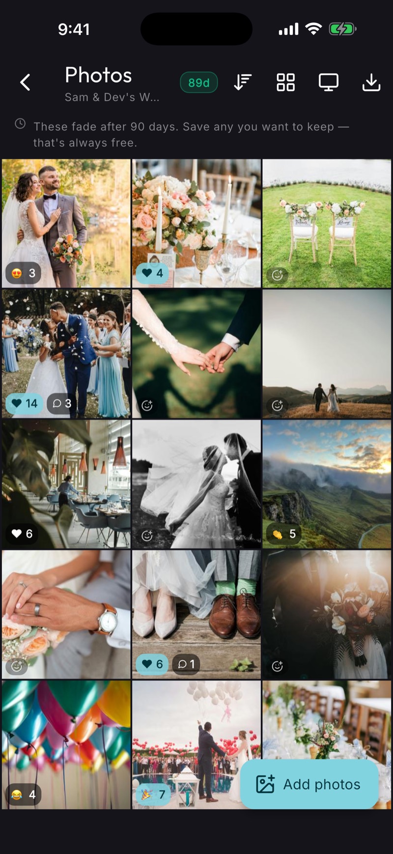 The shared photo album for Sam and Dev's Wedding — a grid of wedding photos from different guests, several showing reaction counts