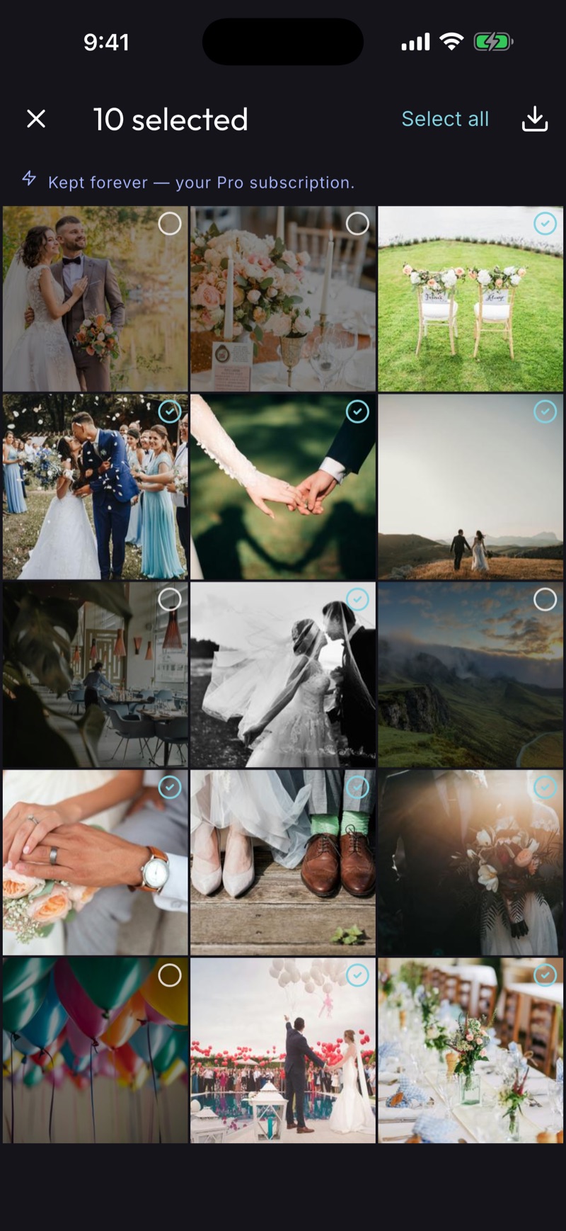 Selecting photos in a BoredApp event album to save every guest's photos to your own phone