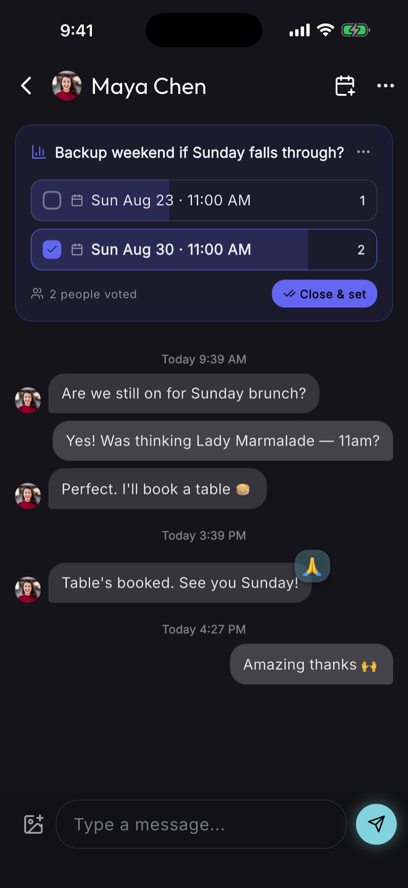 A BoredApp direct message with a friend, including an open date poll for brunch