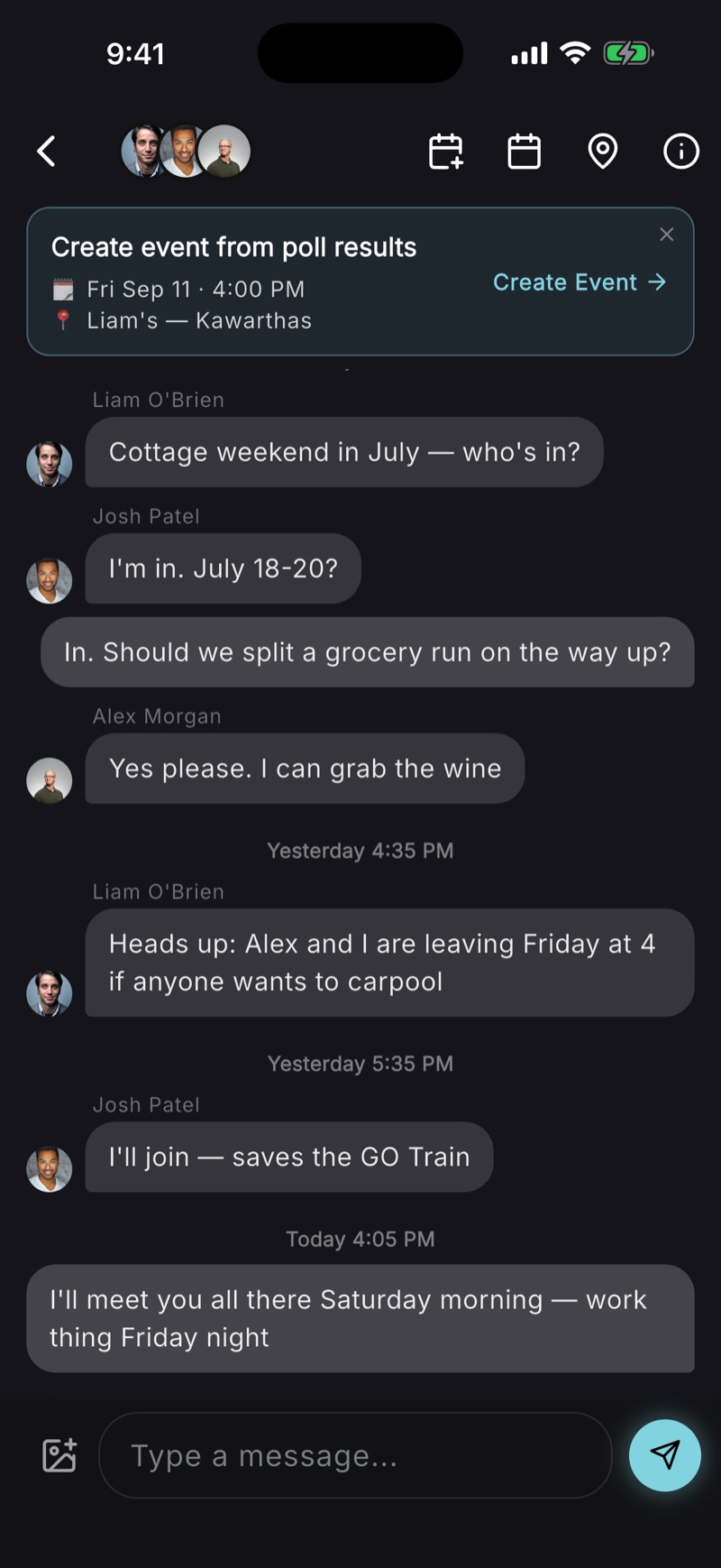 A BoredApp group chat planning a cottage weekend, with a banner offering to create the event