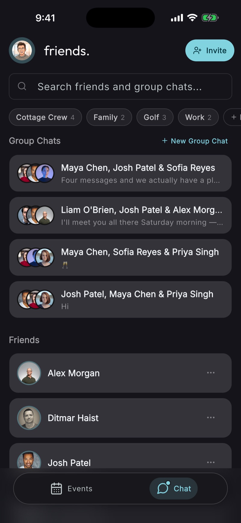 The BoredApp chat tab showing group chats, friends, and private friend labels