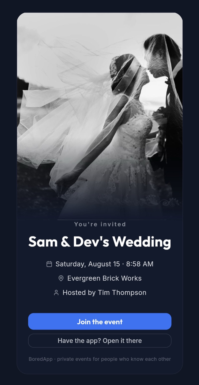 A BoredApp invite card in a browser — a full-bleed black-and-white wedding photo above the event's date, place and host, with Join the event beneath