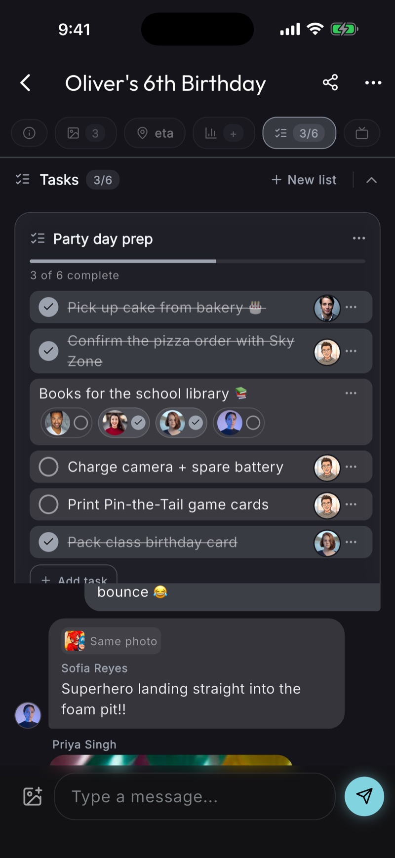 Tasks checklist for a kids birthday — cake, goodie bags, decorations assigned to different parents with per-person checkboxes