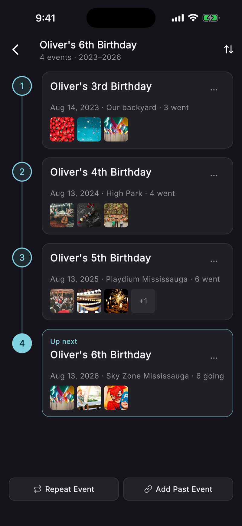 A BoredApp series timeline — Oliver's 3rd through 6th birthdays stacked in order, each year with its date, venue, guest count, and a strip of photos