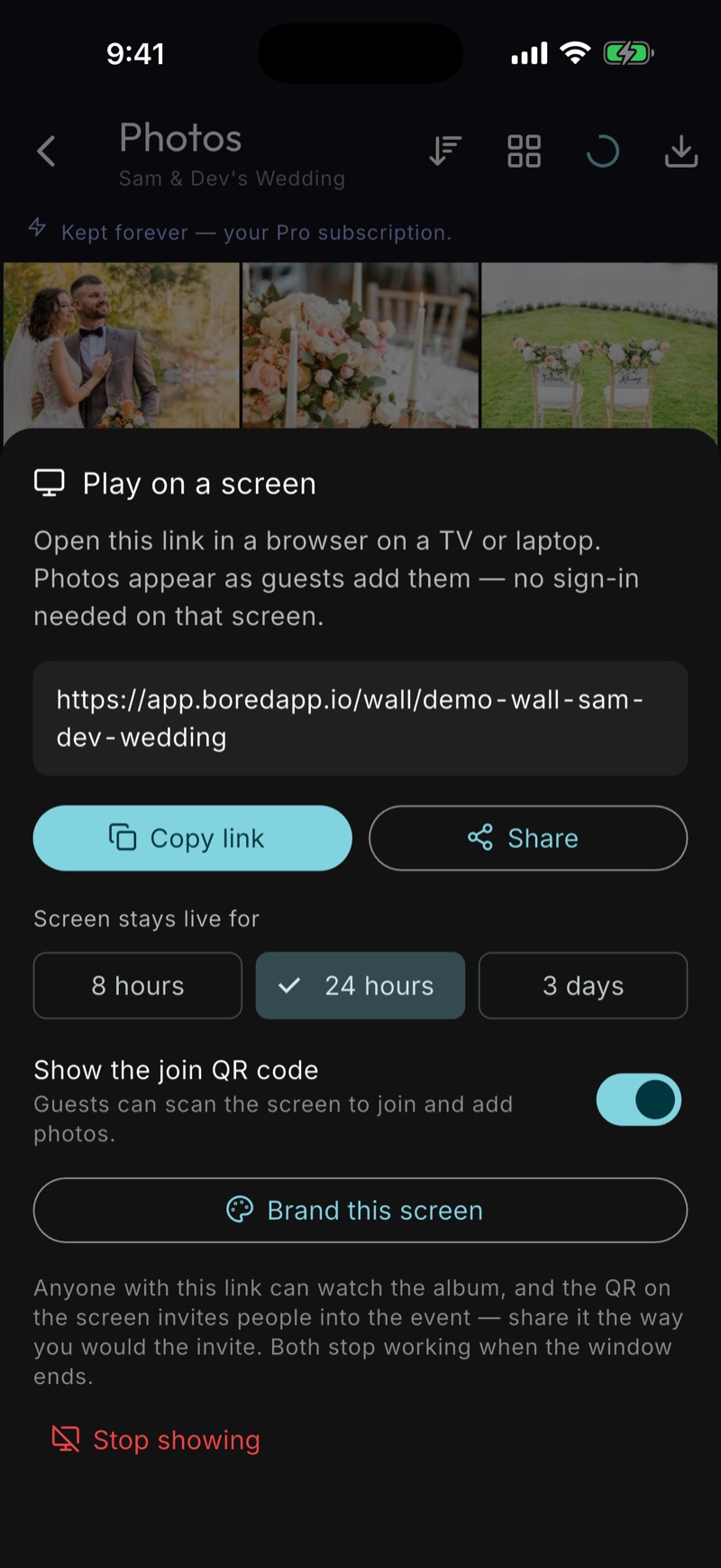 The BoredApp album screen on a phone with the Play on a screen sheet open — the wall link ready to copy or share, and a Stop showing button beneath it