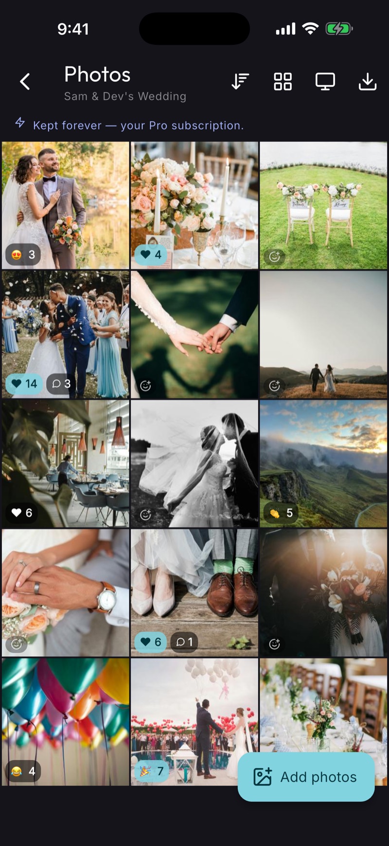 A BoredApp event photo album for a wedding — a grid of photos added by different guests
