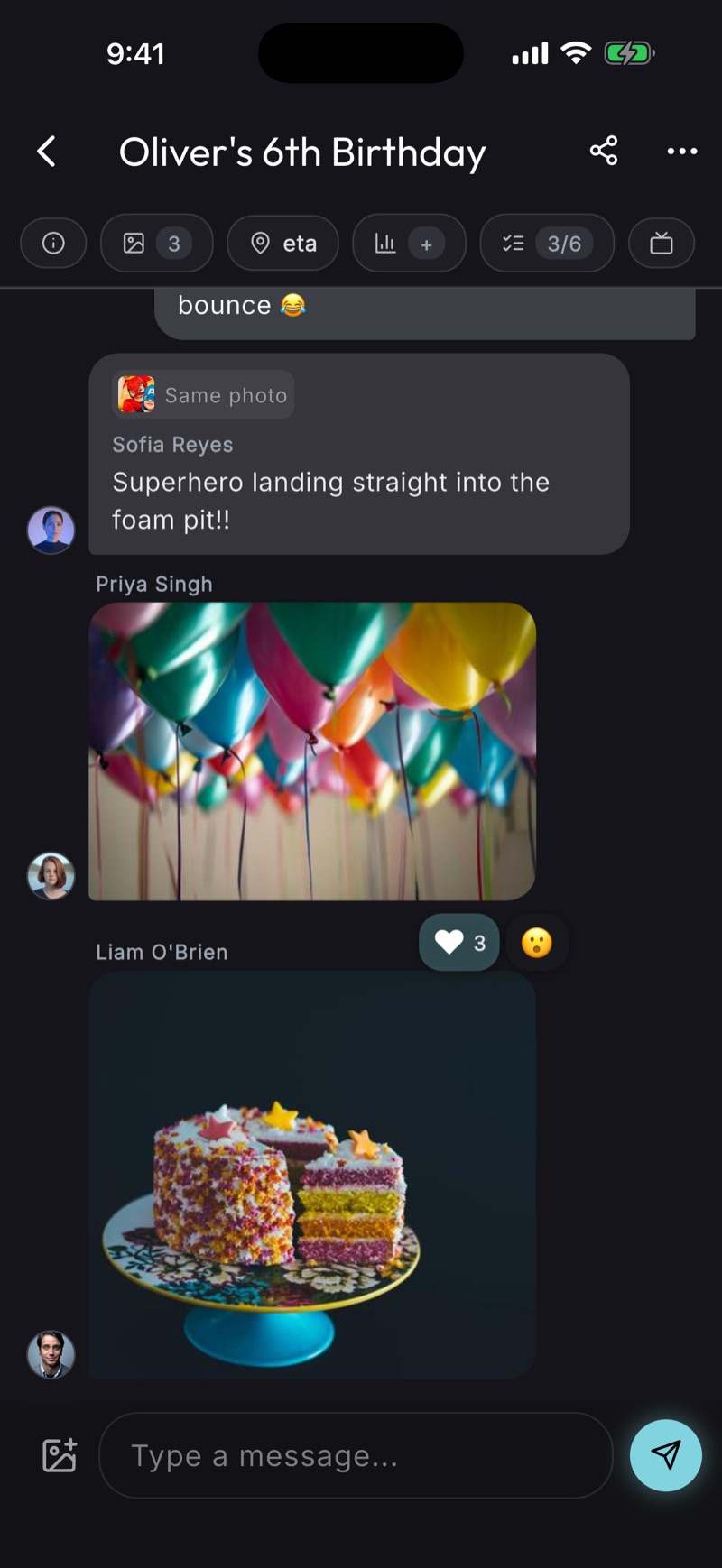 Oliver's 6th Birthday event showing collapsed Tasks and Photos sections above a chat where parents have posted balloon and cake photos with reactions