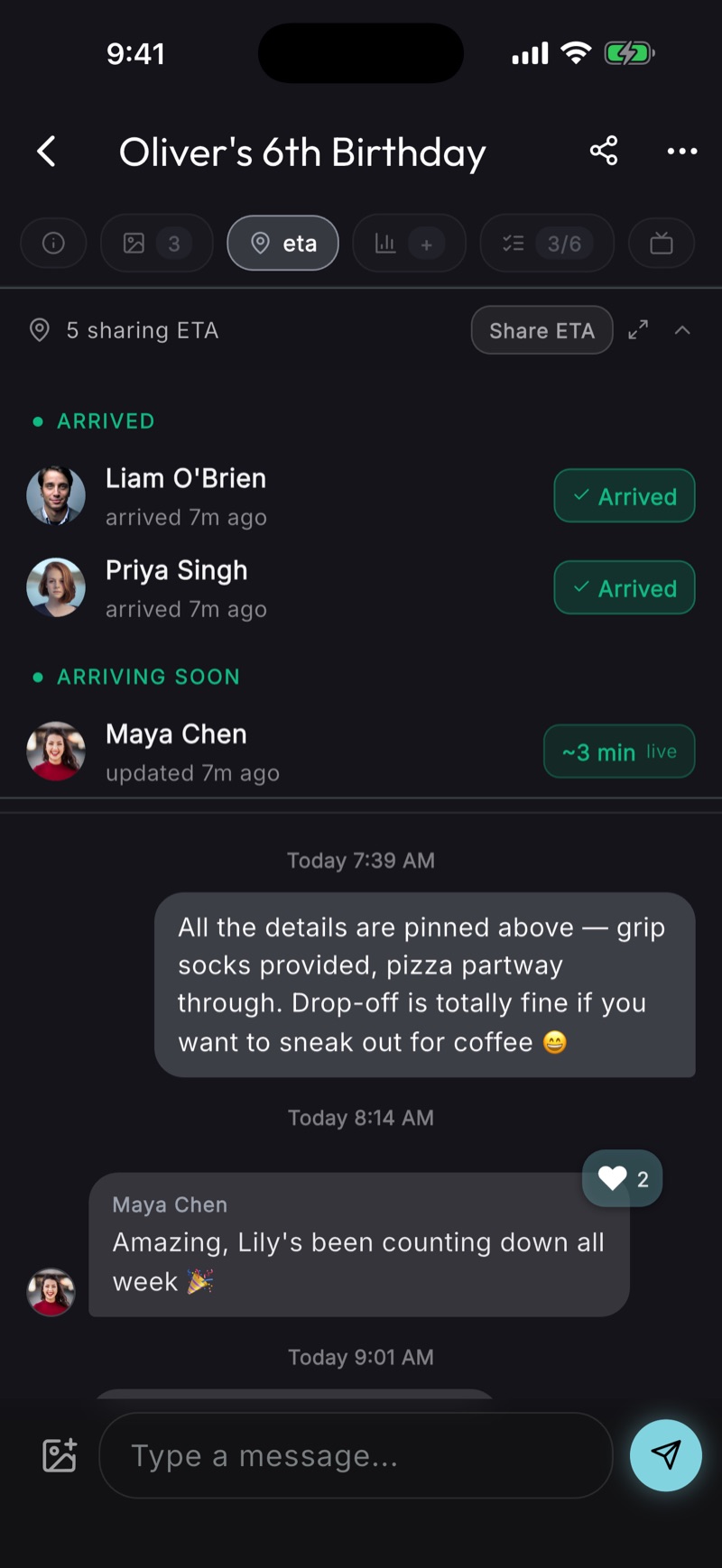 Live arrival ETAs for event attendees — minute counts, no map or location