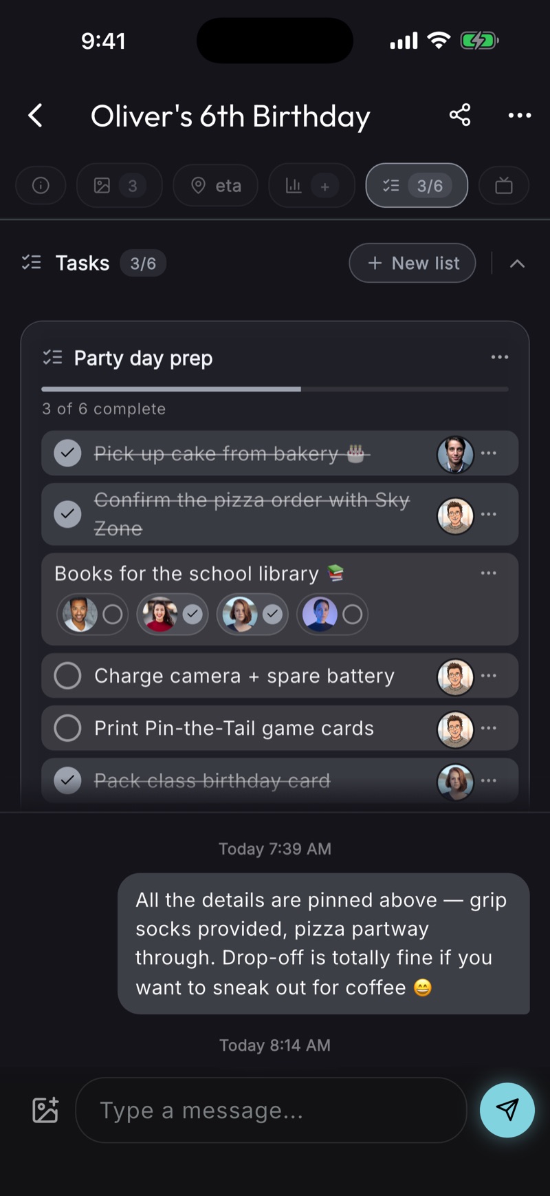 Tasks checklist for a kids birthday — cake, goodie bags, decorations assigned to different parents with per-person checkboxes