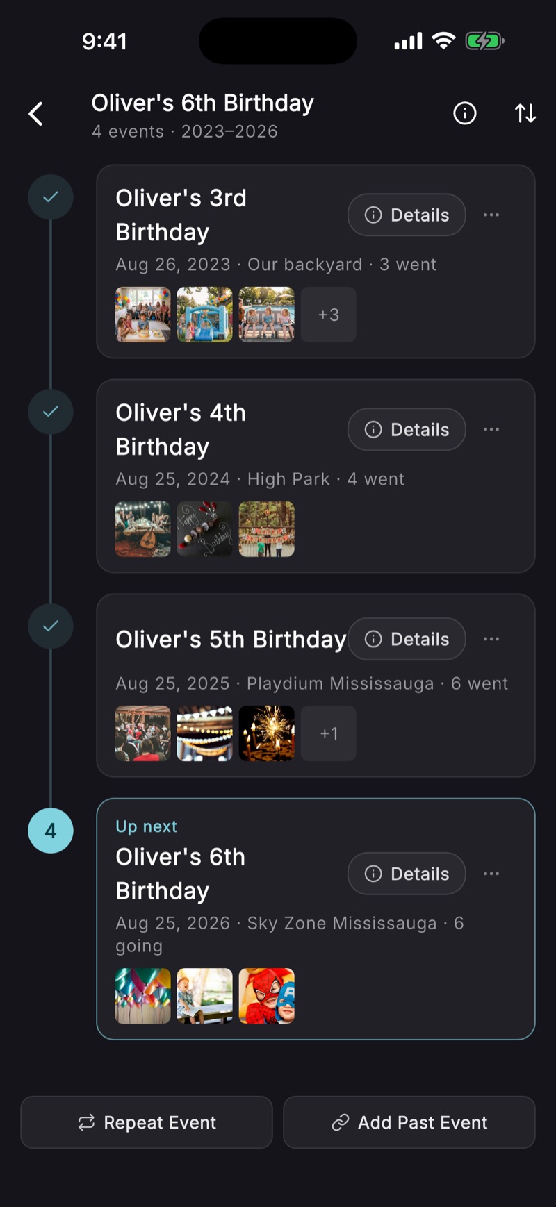 A BoredApp series timeline — Oliver's 3rd through 6th birthdays stacked in order, each year with its date, venue, guest count, and a strip of photos