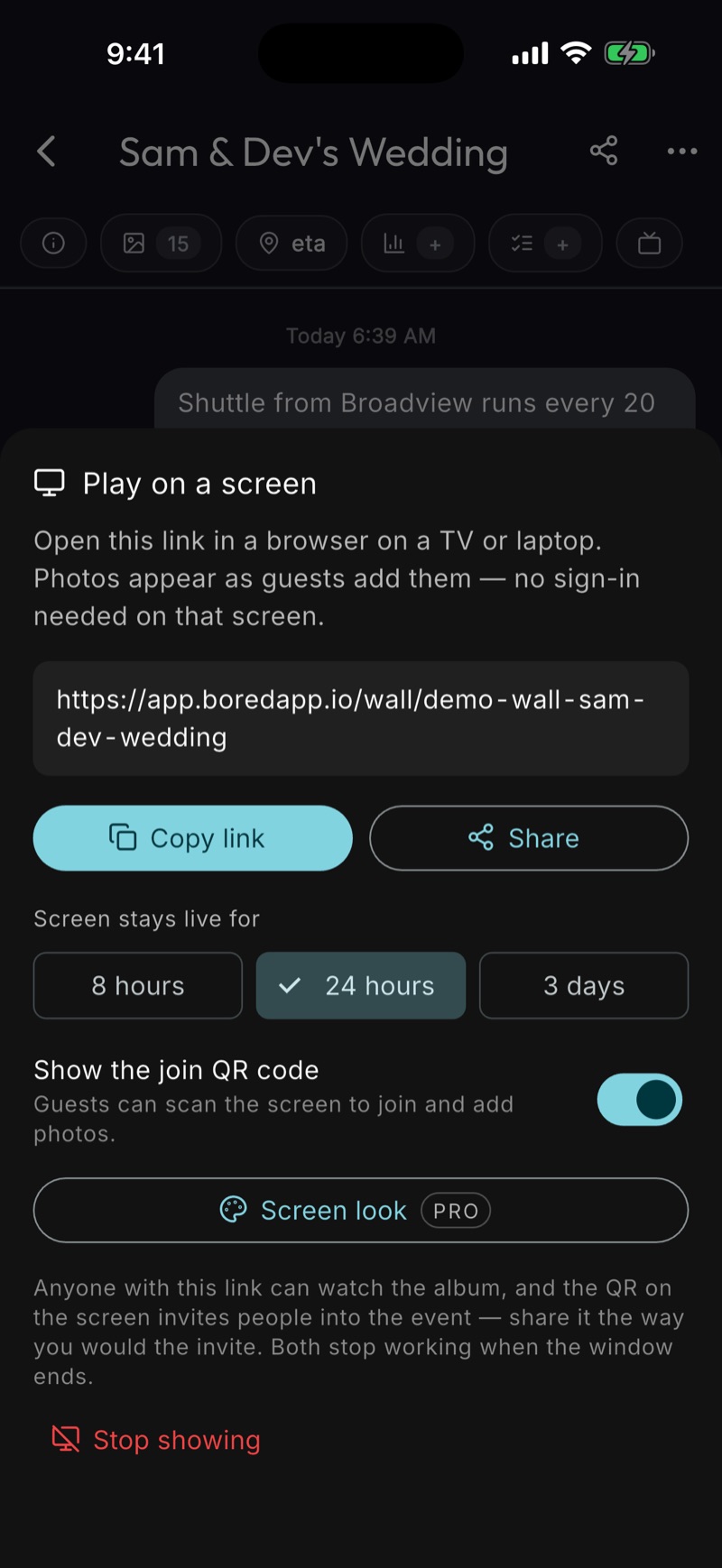 The BoredApp album screen on a phone with the Play on a screen sheet open — the wall link ready to copy or share, and a Stop showing button beneath it