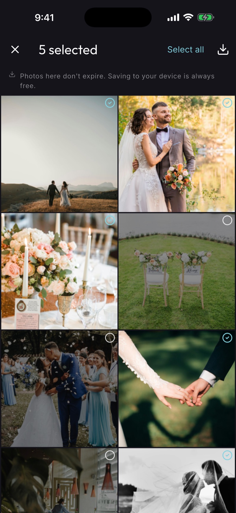 Selecting photos in a BoredApp event album to save every guest's photos to your own phone