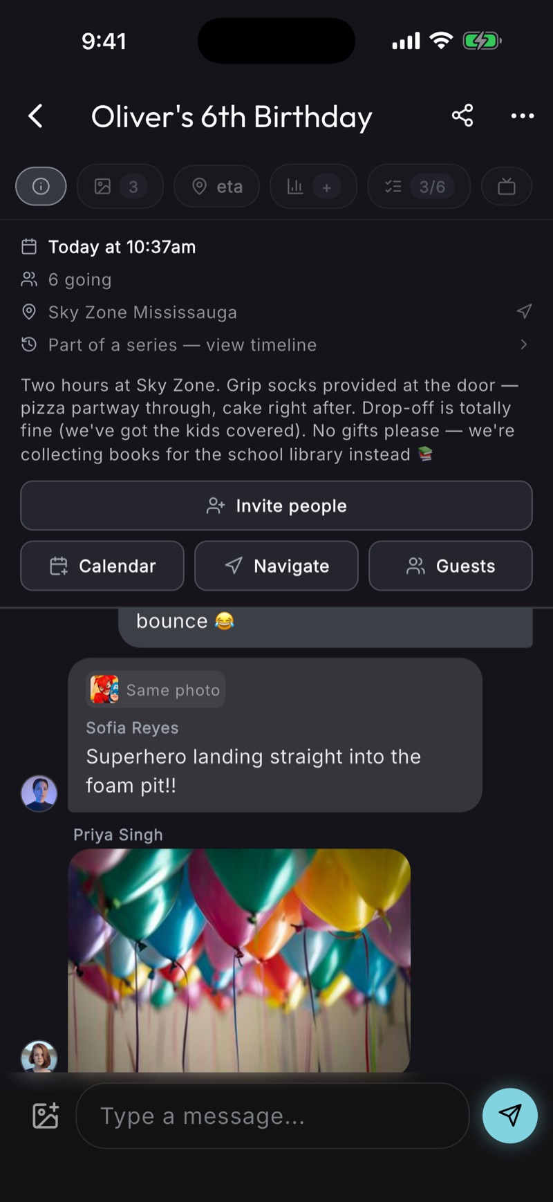 Oliver's 6th Birthday event — date, going count and venue, chips for eta, photos, polls and tasks along the top, Calendar, Navigate and Guests buttons, and the event chat below