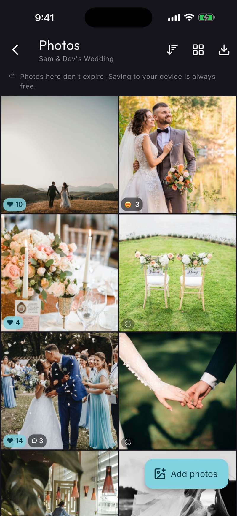 A BoredApp event photo album for a wedding — a grid of photos added by different guests