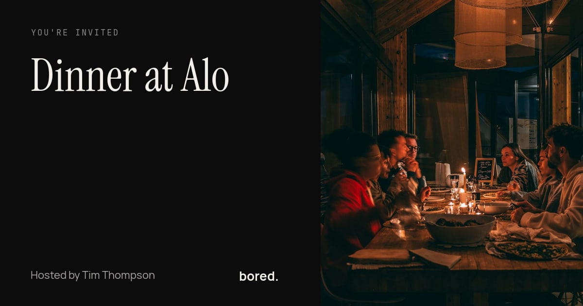 A BoredApp invite link's preview as it appears in a message thread — 'Dinner at Alo' set in the Gallery look beside the host's dinner photo, with a small bored. mark