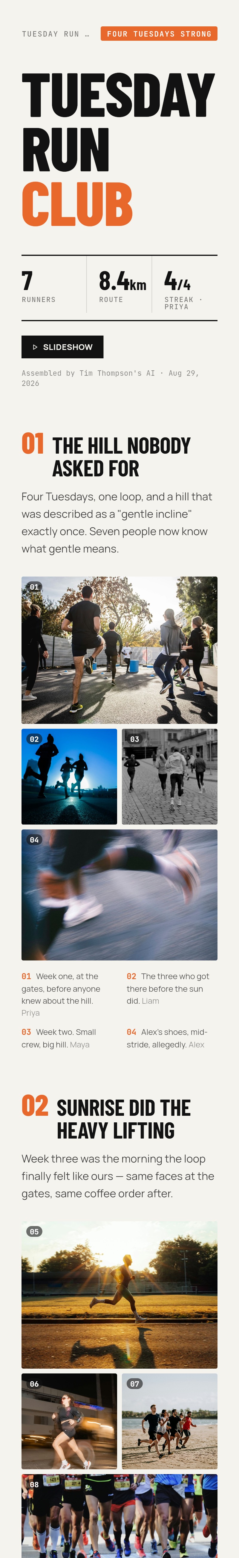 A BoredApp recap page in the bulletin look — 'Tuesday Run Club — Four Tuesdays Strong' — three screens of it, from the masthead down through the story and everyone's photos