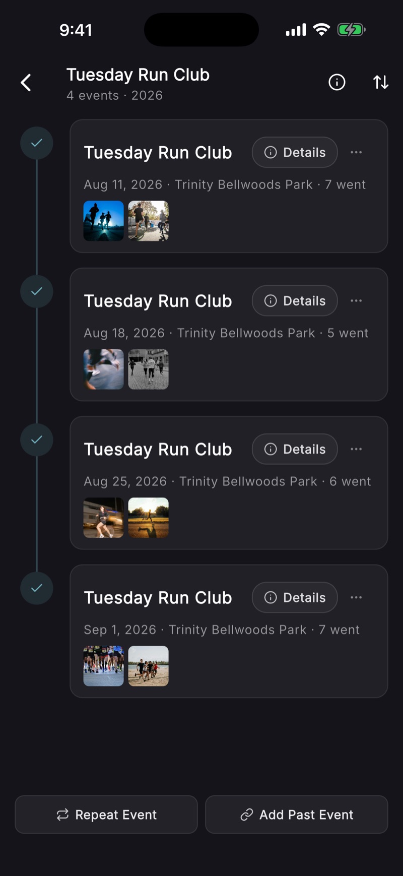 A BoredApp series timeline — four Tuesdays of a run club, each with who went and everyone's photos