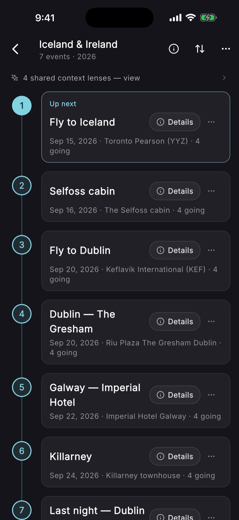 A BoredApp trip timeline for Iceland & Ireland — seven numbered legs from the Toronto flight through Selfoss, Dublin, Galway and Killarney, with the next one marked Up next