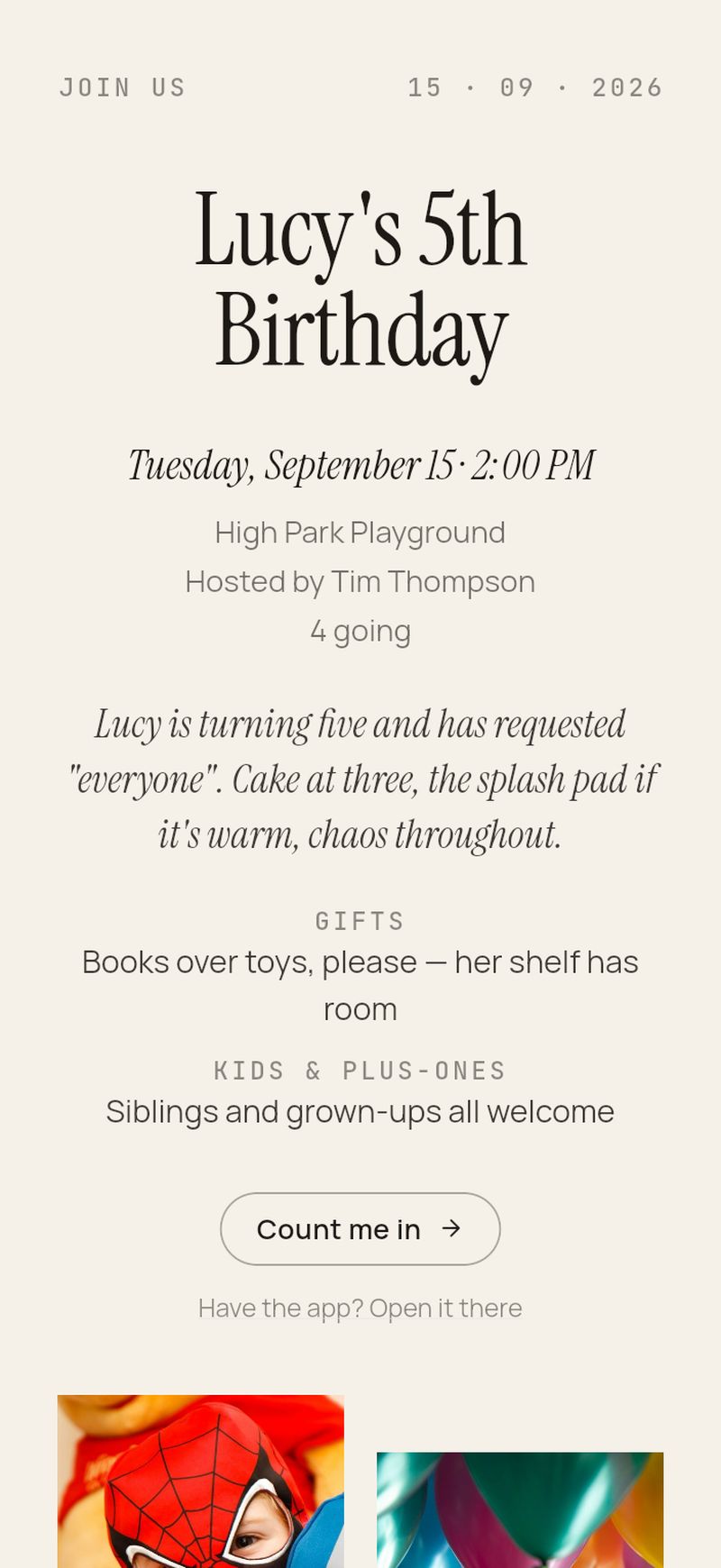 A BoredApp invite card in the Album look — 'Lucy's 5th Birthday' with the date, place, host, a note from the host, two detail rows, two of the host's photos and a Join button