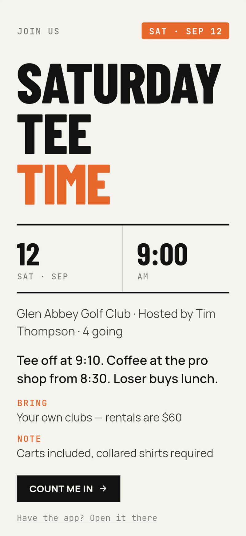 A BoredApp invite card in the Bulletin look — 'Saturday Tee Time' with the date, place, host, a note from the host, two detail rows, two of the host's photos and a Join button
