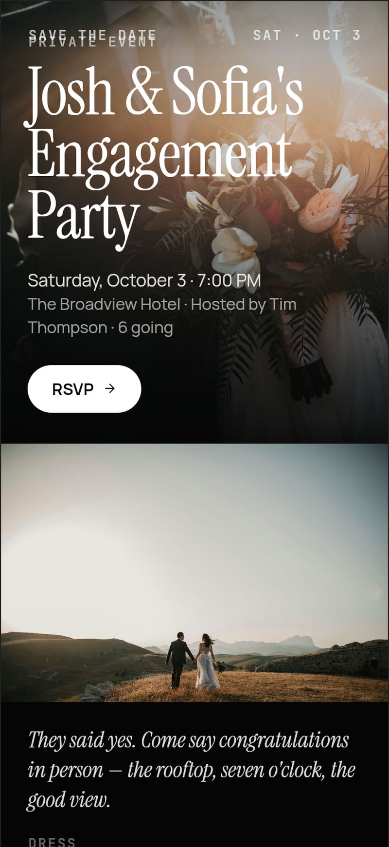 A BoredApp invite card in the Cinema look — 'Josh & Sofia's Engagement Party' with the date, place, host, a note from the host, two detail rows, two of the host's photos and a Join button