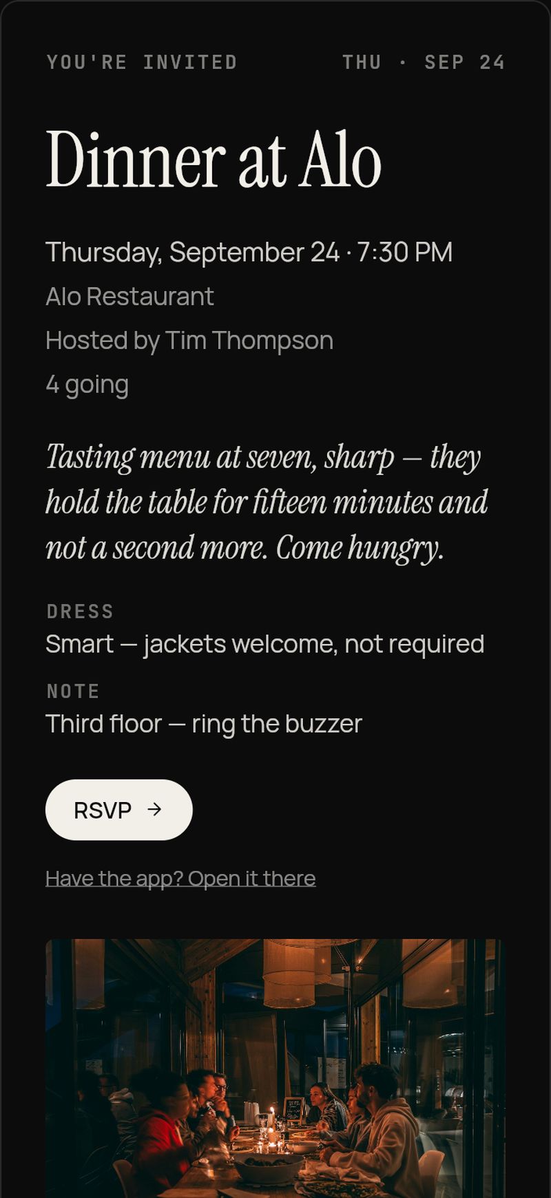 A BoredApp invite card in the Gallery look — 'Dinner at Alo' with the date, place, host, a note from the host, two detail rows, two of the host's photos and a Join button