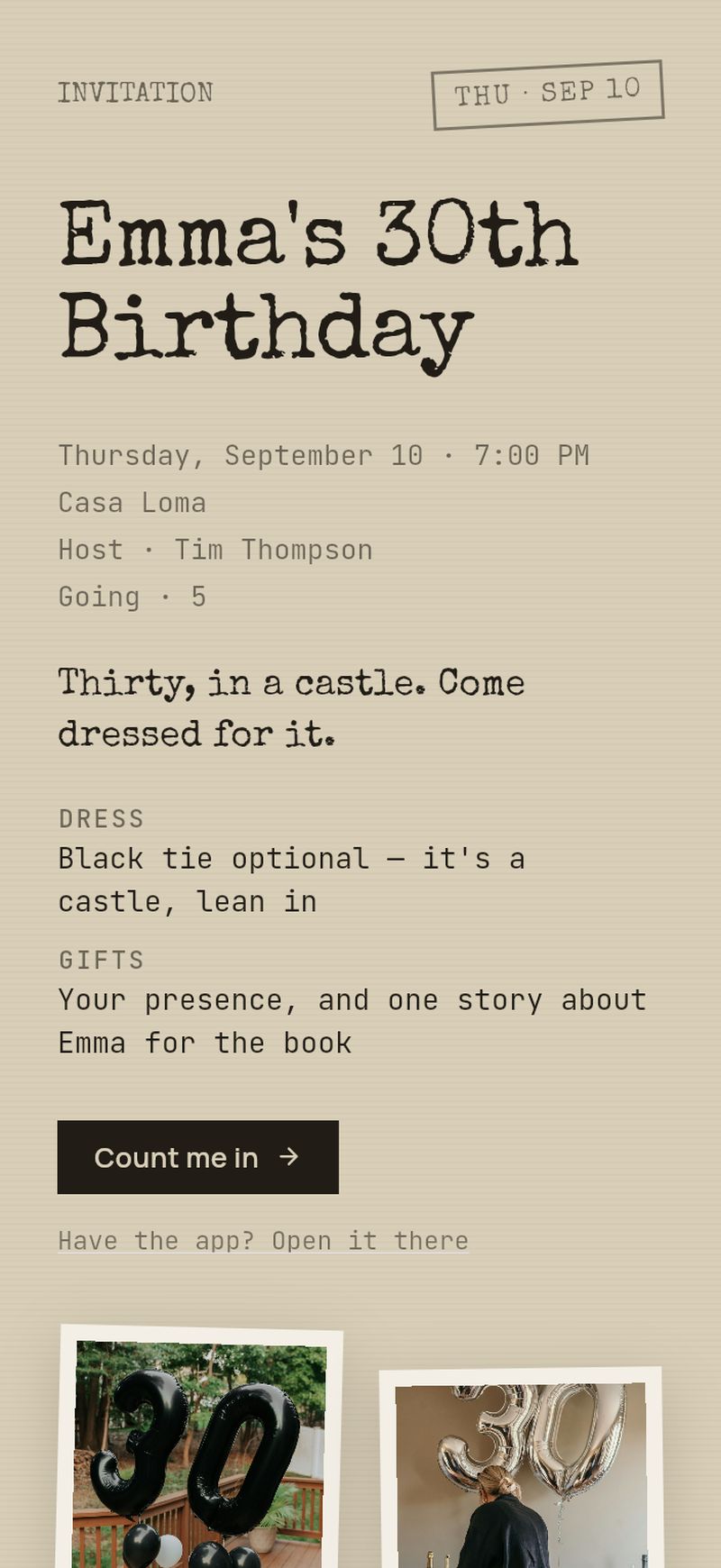 A BoredApp invite card in the Logbook look — 'Emma's 30th Birthday' with the date, place, host, a note from the host, two detail rows, two of the host's photos and a Join button