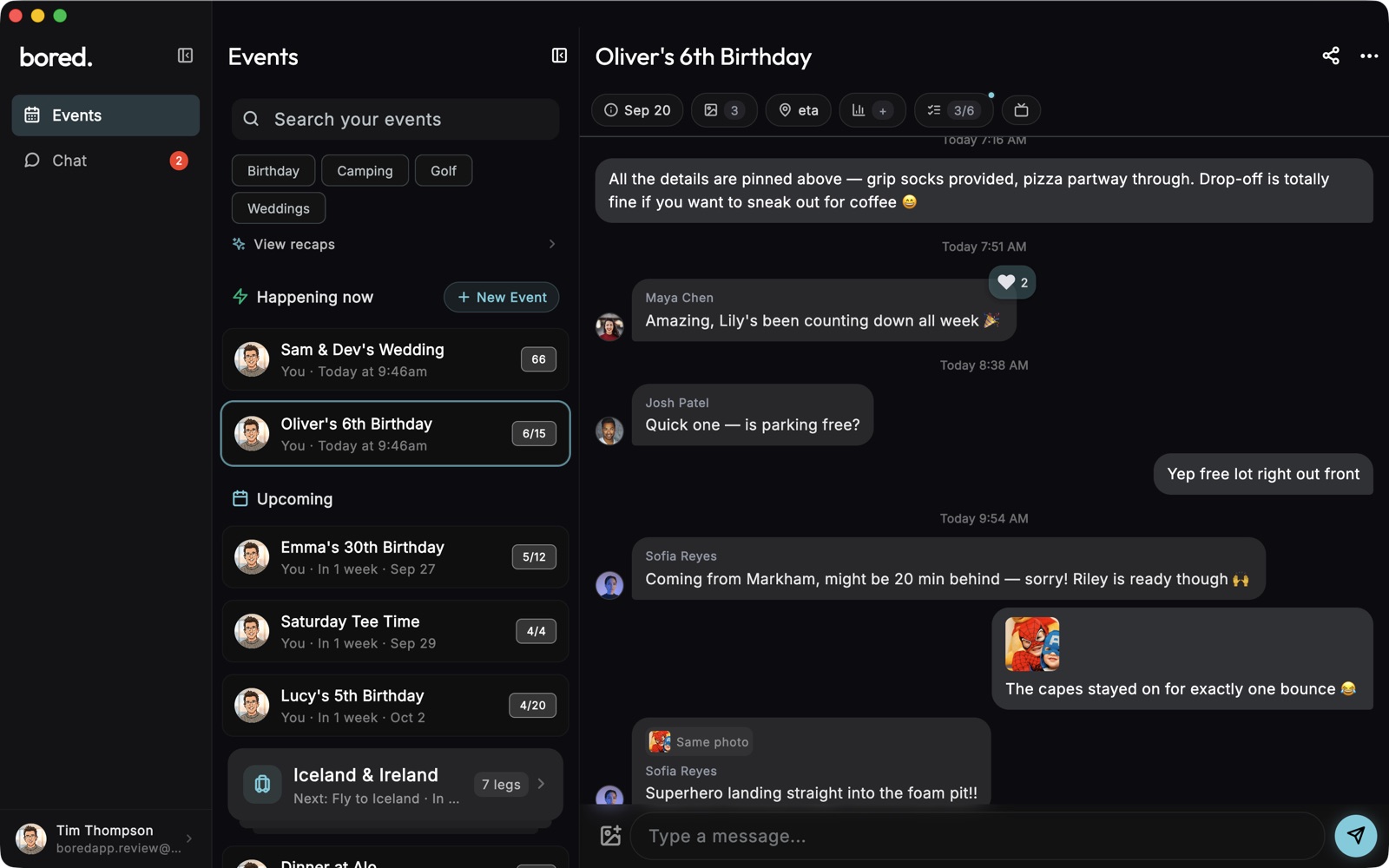 The BoredApp Mac app — sidebar, the event list, and Oliver's 6th Birthday open on its chat: a parking question and the host's answer, a running-late note, a photo with a joke and its reply, the message box below, in a native Mac window