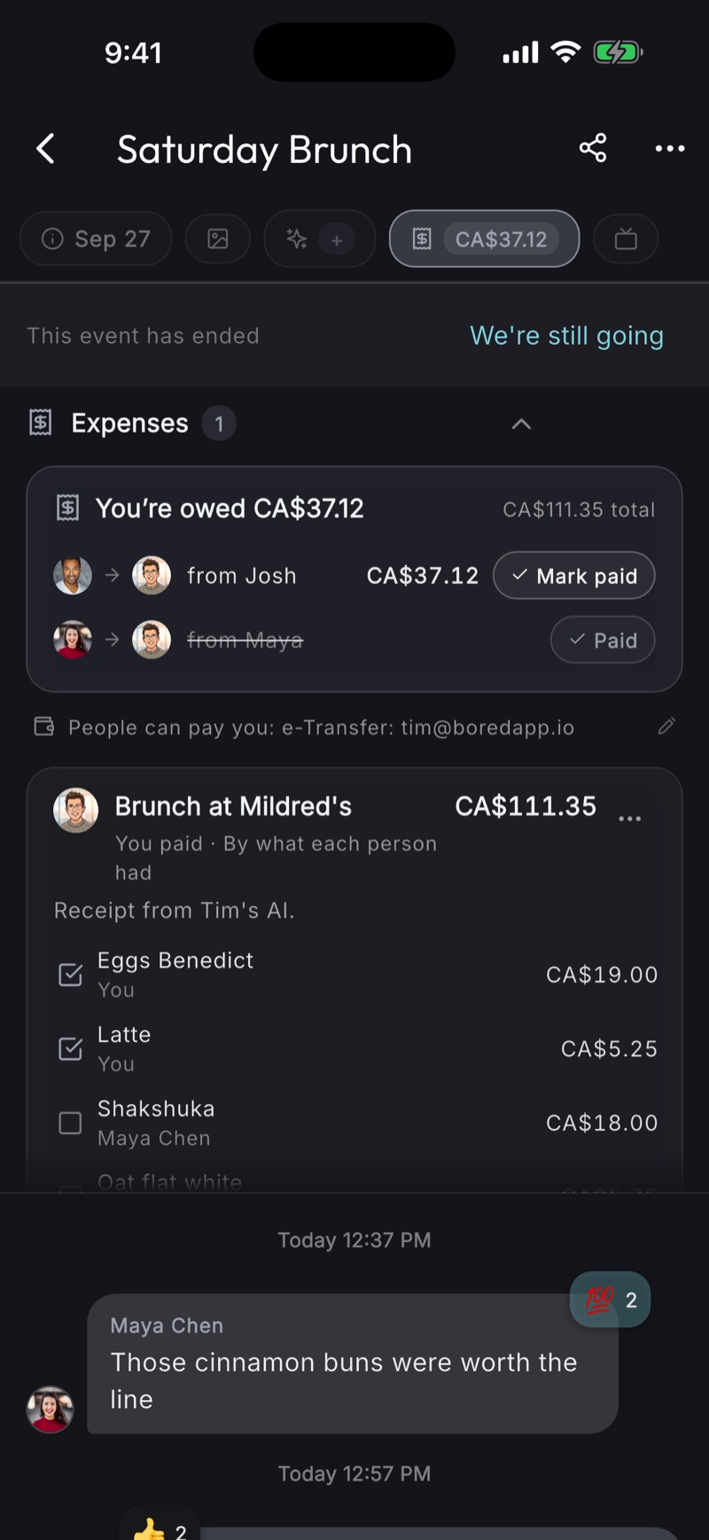 A brunch bill split in BoredApp: you're owed CA$37.12 from Josh, Maya marked paid, and each dish ticked by the person who had it